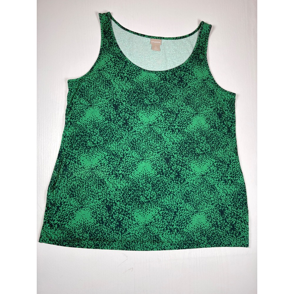 Chicos Green Navy Animal Print Scoop Neck Sleeveless Tank Top Size 2 Large Edgy